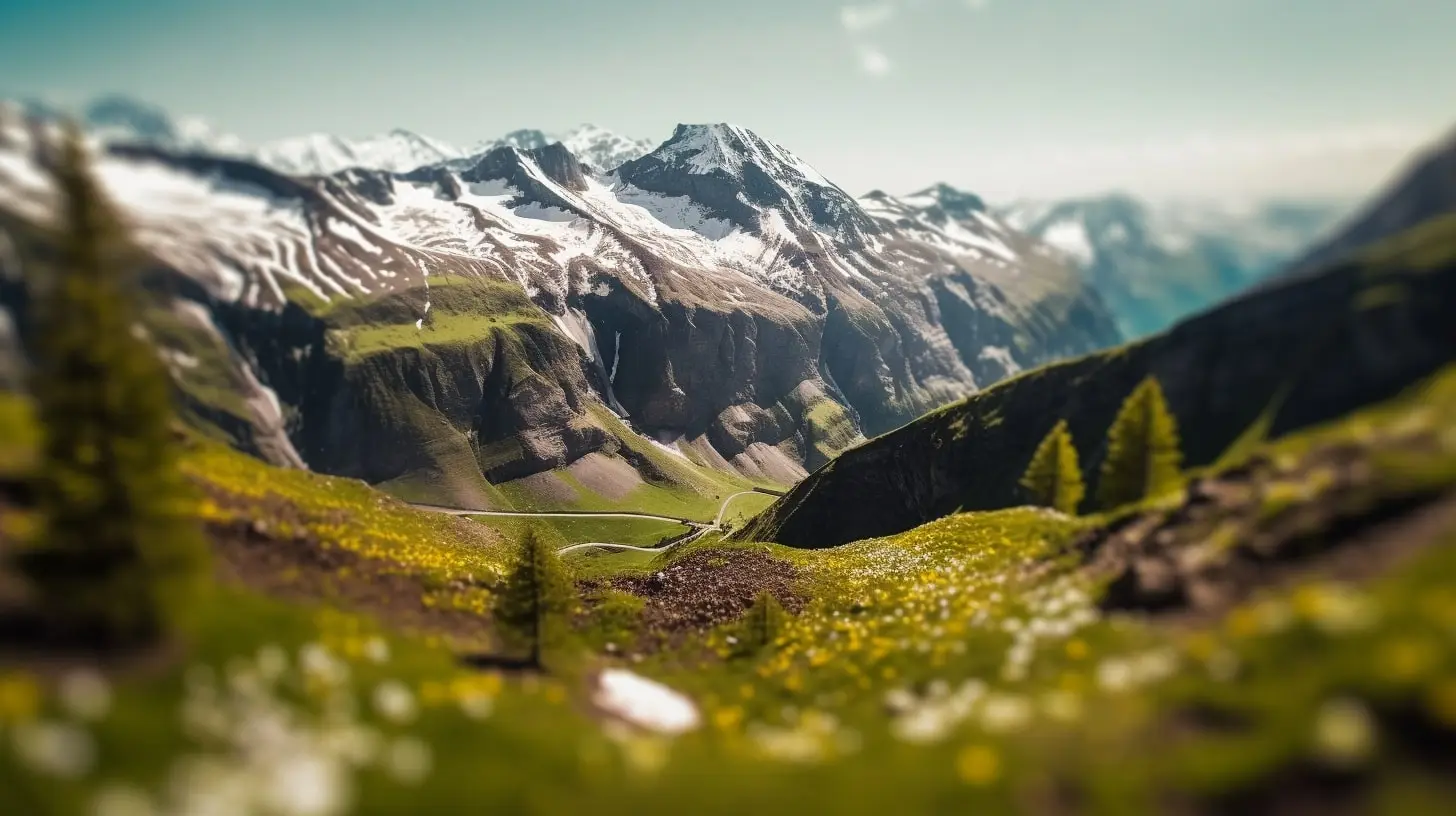 Green valley with snowy mountains