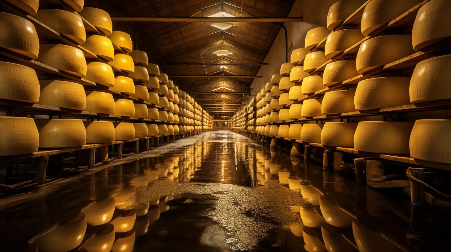 Cheese wheels resting on shelves in a stone cellar