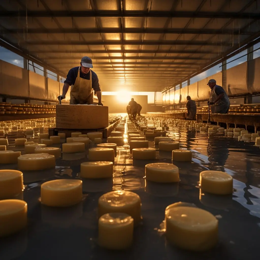Cheese wheels aging in the warm light of the cellar